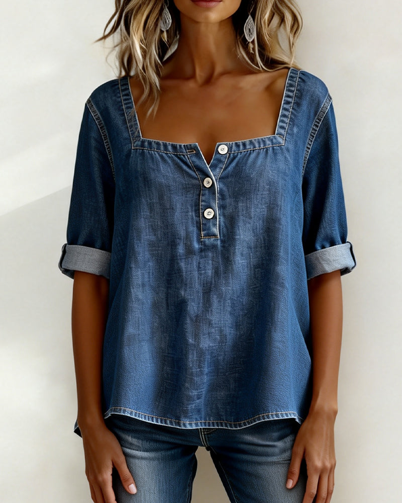 Róisín™ | Denim Shirt with Square Collar