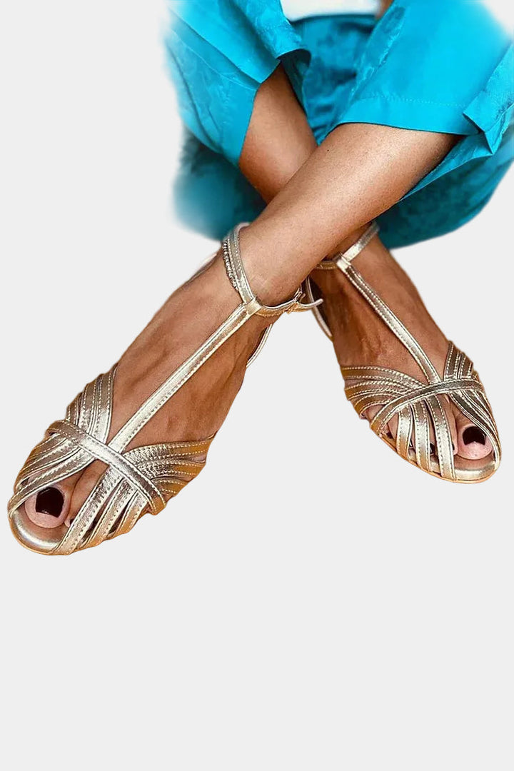 Emilie - Gold sandals with straps and cross-over design