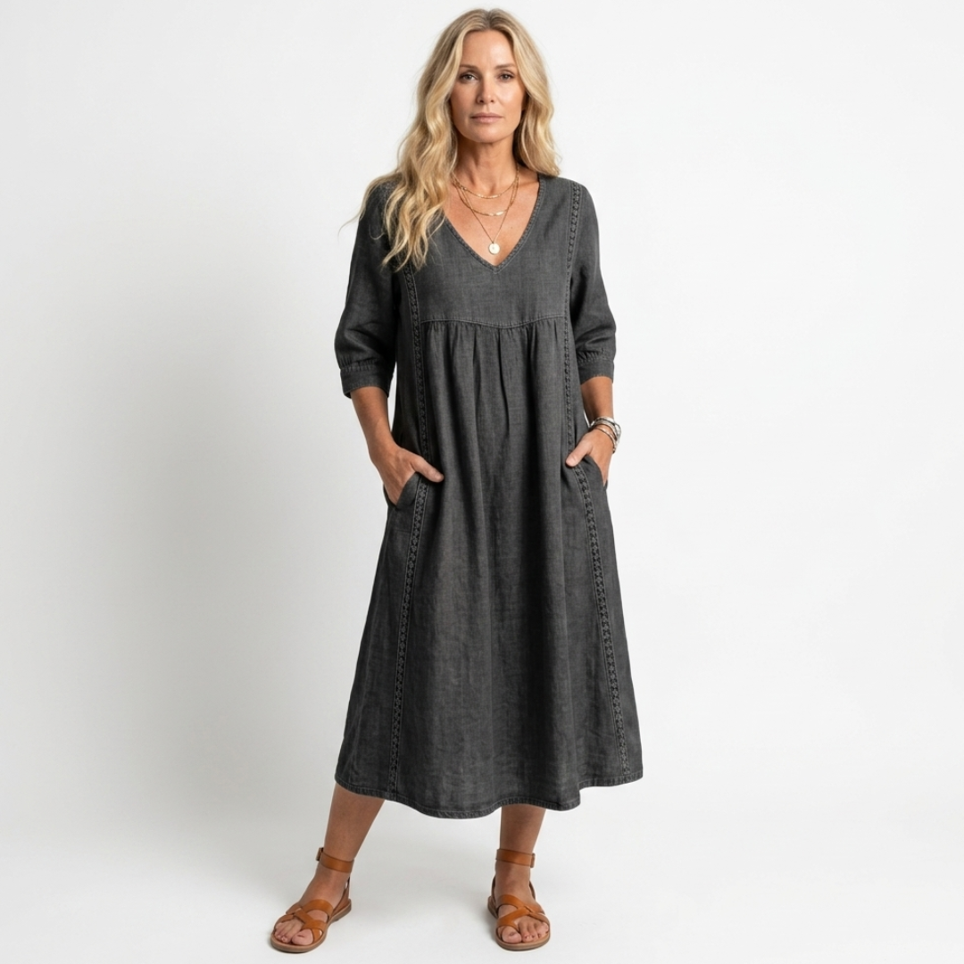 Alberte - Roomy linen and cotton dress with lace