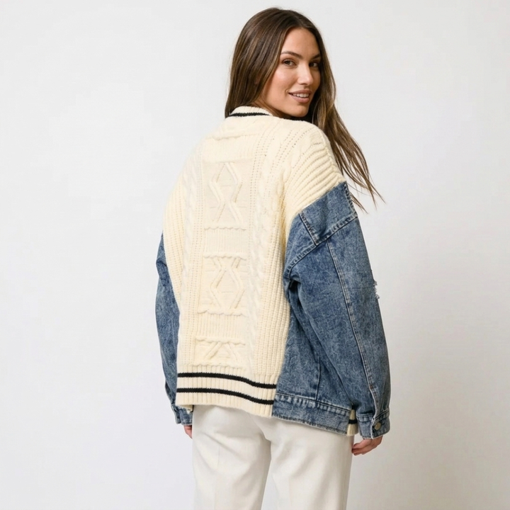 Rakel – Knitted cardigan with a patchwork pattern and relaxed jeans