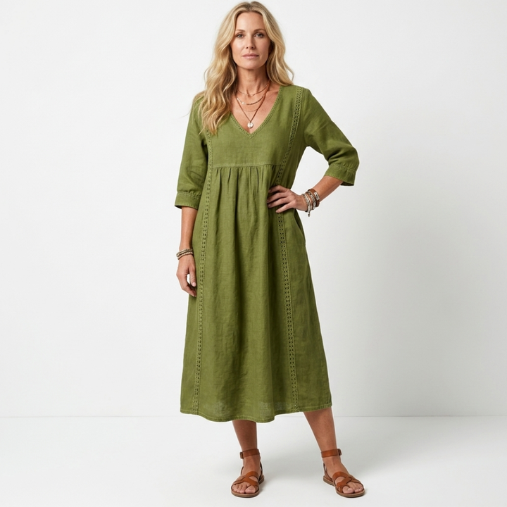 Alberte - Roomy linen and cotton dress with lace