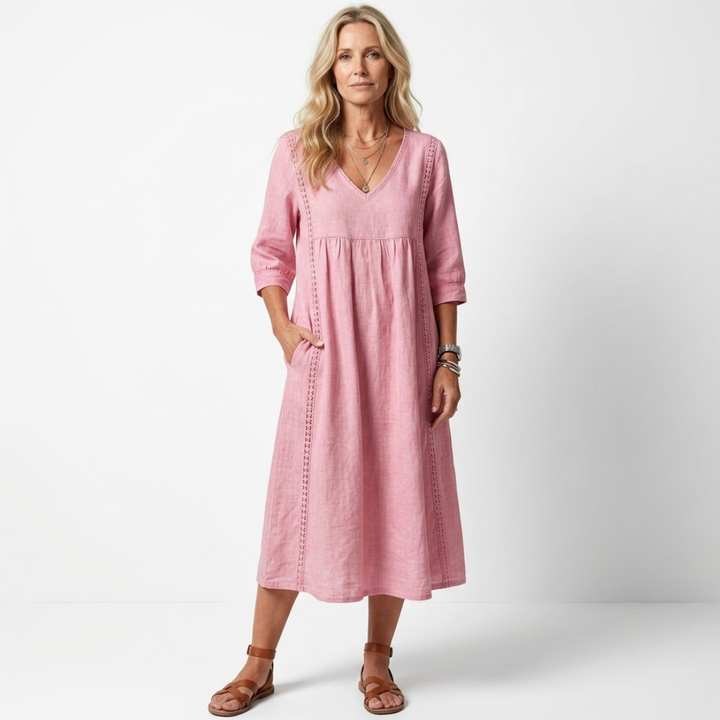 Alberte - Roomy linen and cotton dress with lace