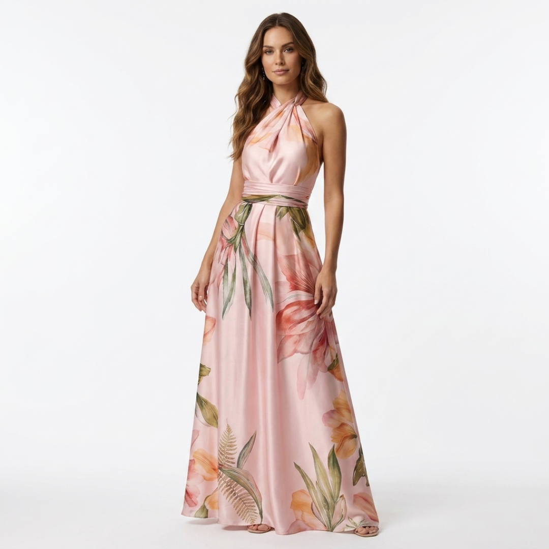 Gráinne - Long Dress with Floral Neckline and Straps