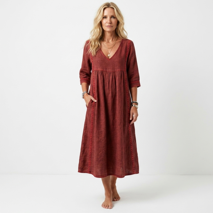 Alberte - Roomy linen and cotton dress with lace