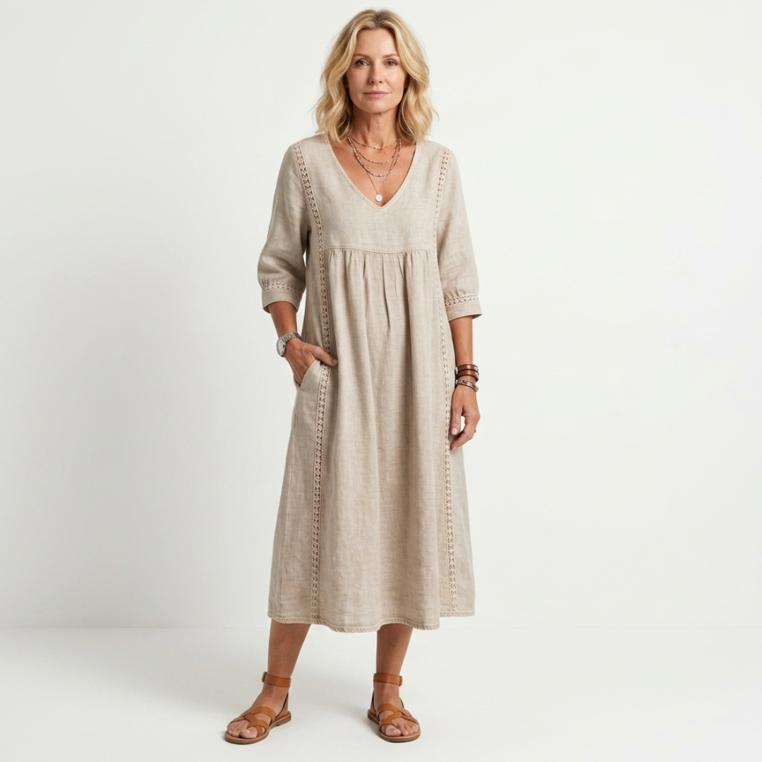 Alberte - Roomy linen and cotton dress with lace