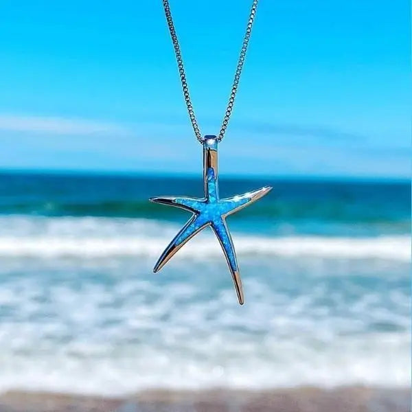 Silver Necklace with Starfish Pendant and Blue Opal