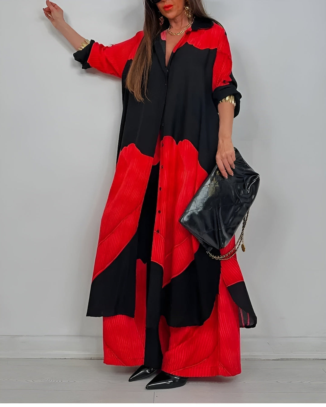 CIARA – TRENDY PATCHWORK PRINT TOP AND WIDE-LEG PANTS SET