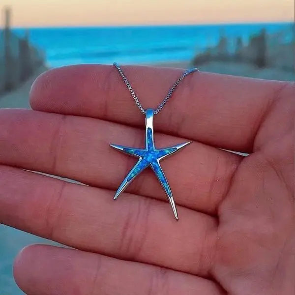 Silver Necklace with Starfish Pendant and Blue Opal