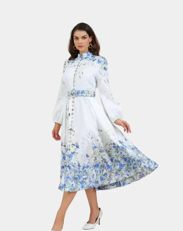 Aoife – Timeless Elegance in Blue Floral Pattern with High Collar