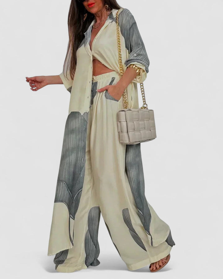 CIARA – TRENDY PATCHWORK PRINT TOP AND WIDE-LEG PANTS SET