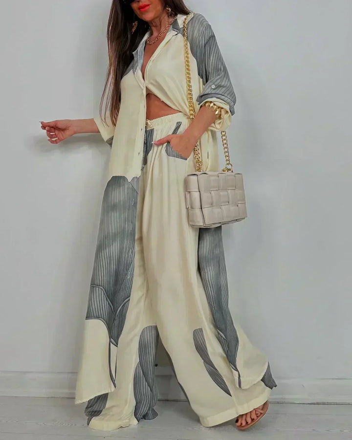 CIARA – TRENDY PATCHWORK PRINT TOP AND WIDE-LEG PANTS SET