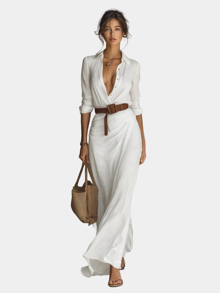Ludmilla - Long maxi dress with a folded collar and long sleeves