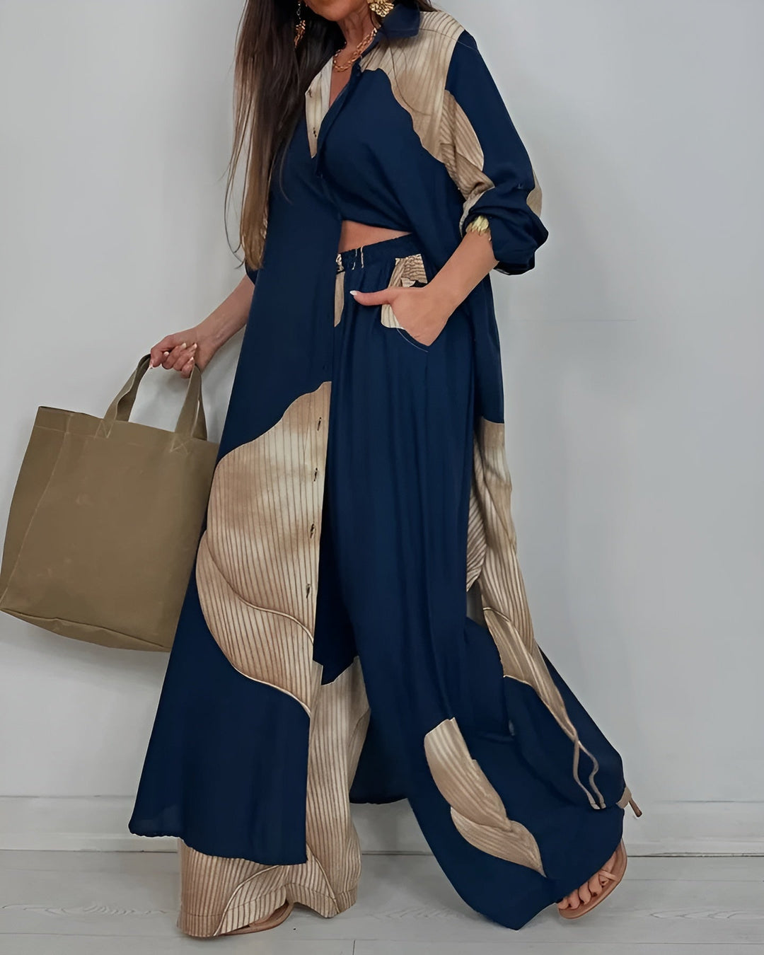 CIARA – TRENDY PATCHWORK PRINT TOP AND WIDE-LEG PANTS SET