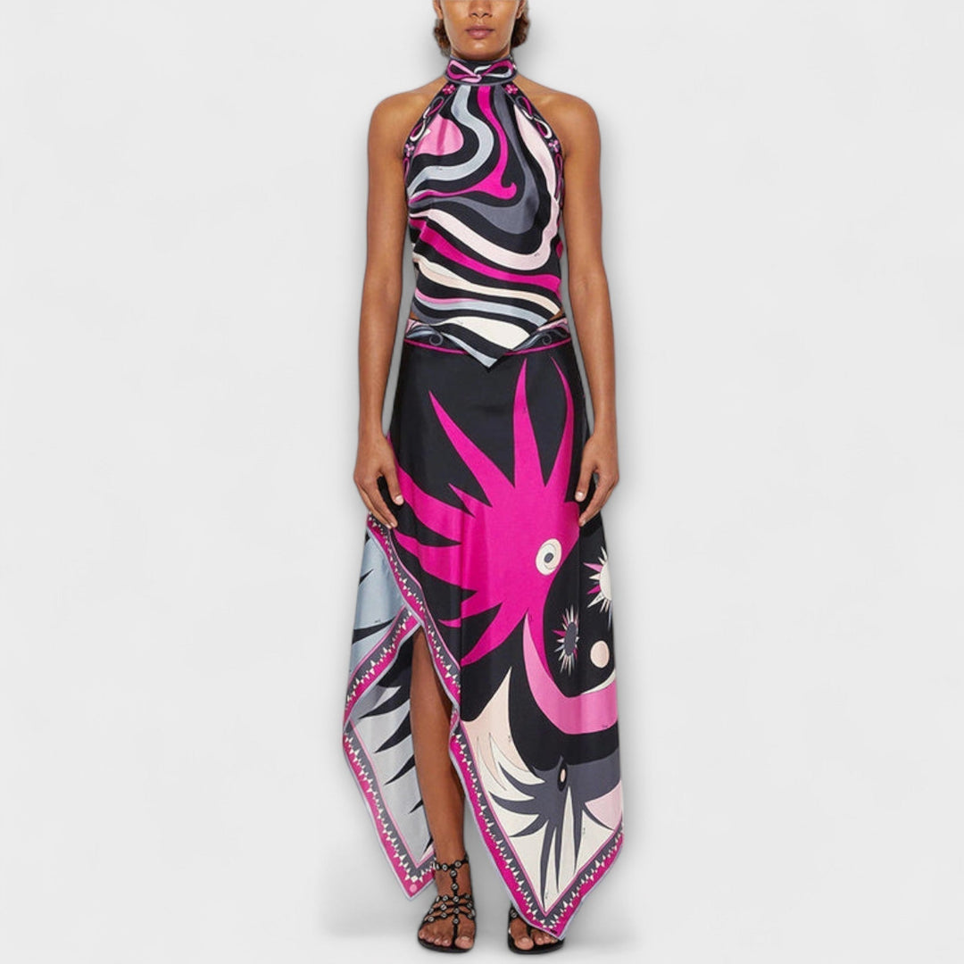Saoirse – Halterneck Top and Asymmetric Midi Skirt Set