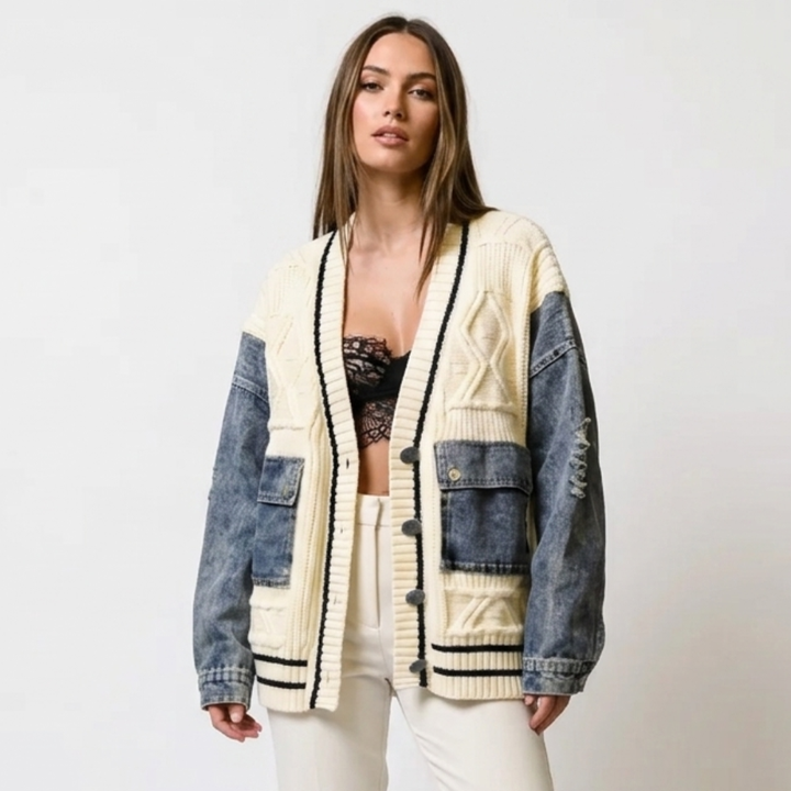 Rakel – Knitted cardigan with a patchwork pattern and relaxed jeans
