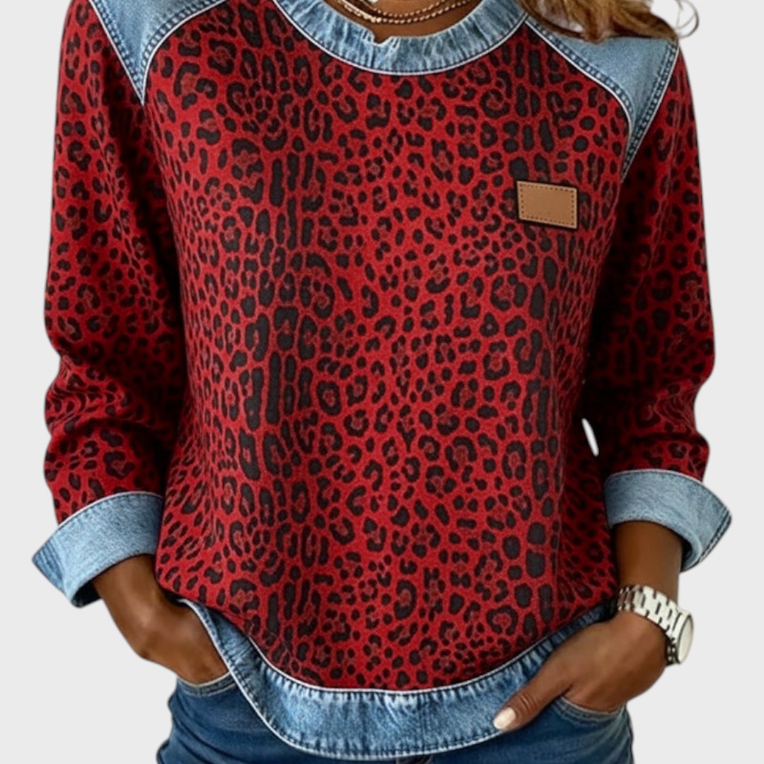 Aisling | Leopard Print Top with Denim Trim