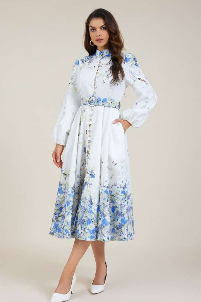 Aoife – Timeless Elegance in Blue Floral Pattern with High Collar