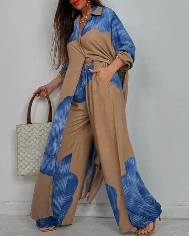 CIARA – TRENDY PATCHWORK PRINT TOP AND WIDE-LEG PANTS SET