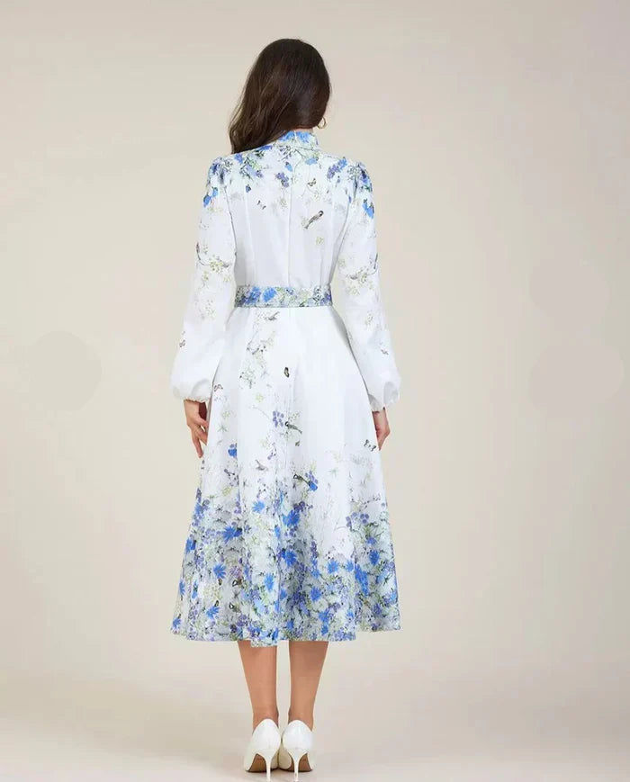 Aoife – Timeless Elegance in Blue Floral Pattern with High Collar