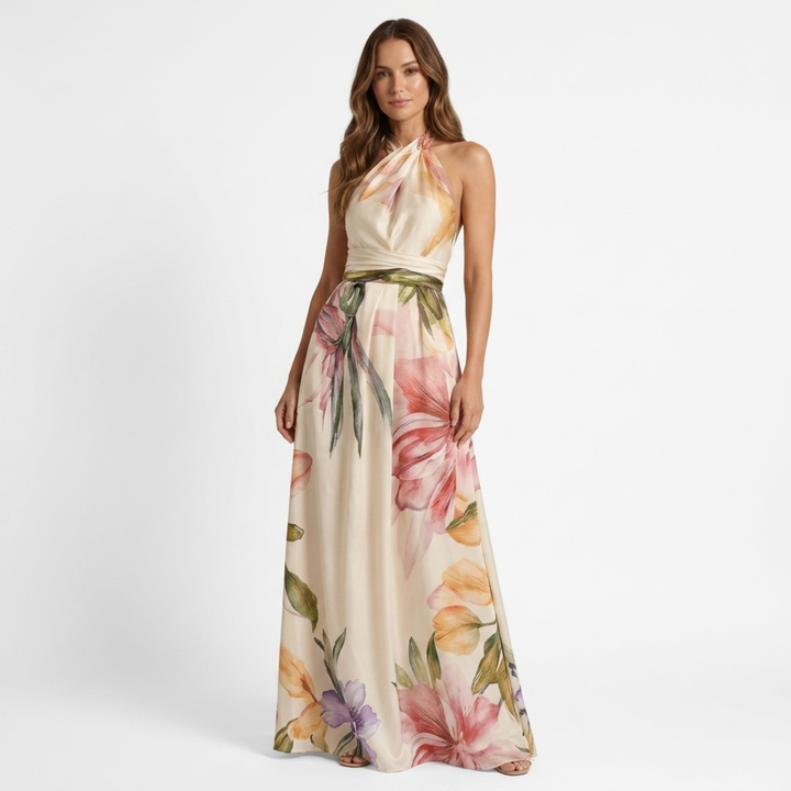 Gráinne - Long Dress with Floral Neckline and Straps