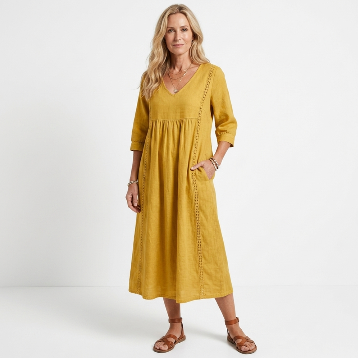 Alberte - Roomy linen and cotton dress with lace