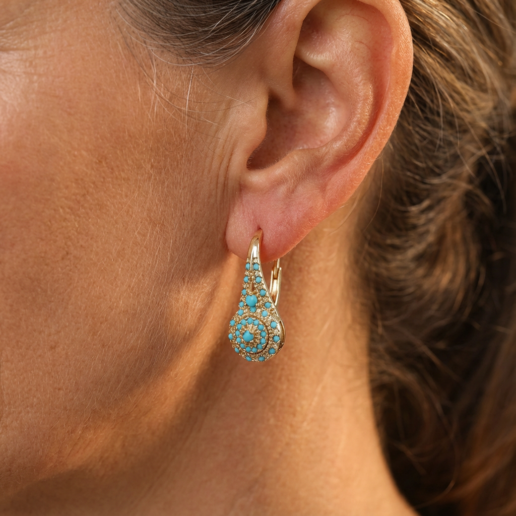 Gold Earrings with Turquoise Mosaic in Tower Shape