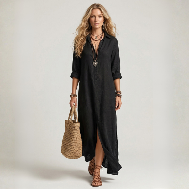 Dagmar - Long black dress with buttons