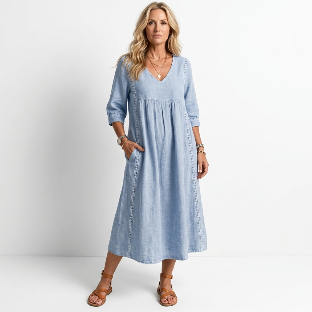 Alberte - Roomy linen and cotton dress with lace
