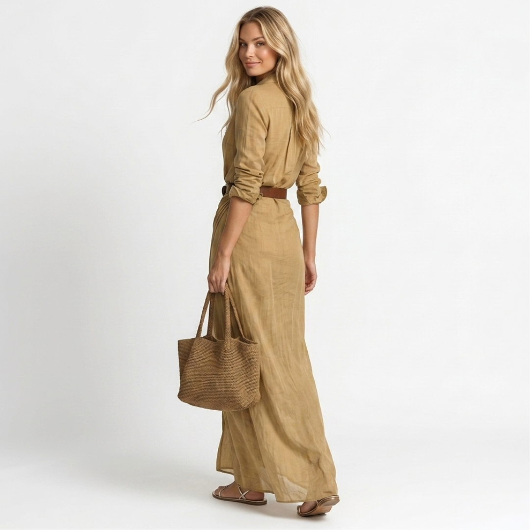 Sinéad – Elegant Maxi Dress with Lapel Collar and Defined Waist