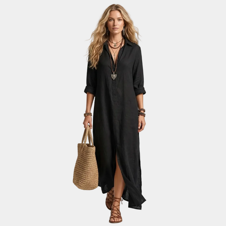 Dagmar - Long black dress with buttons
