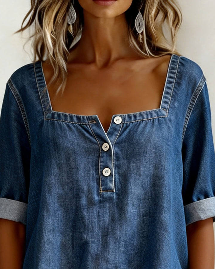 Róisín™ | Denim Shirt with Square Collar
