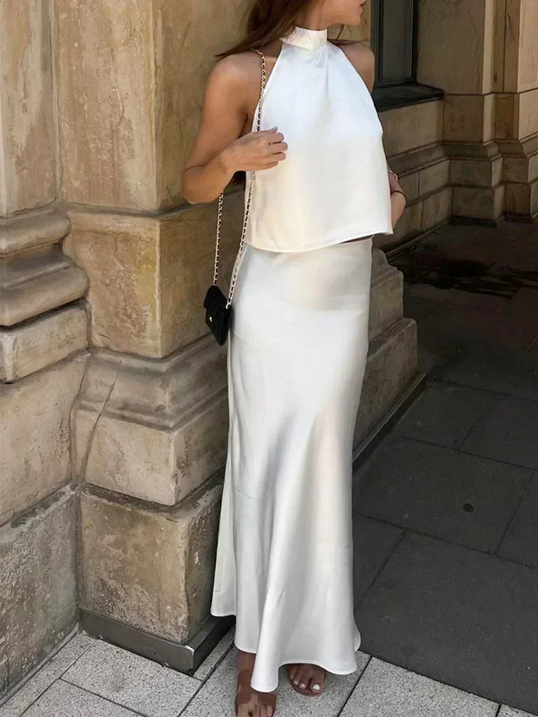 Sacred Dream Satin Skirt Set with Open Back