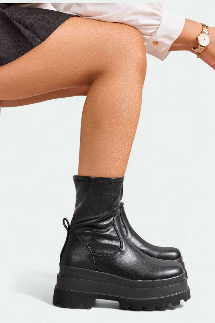 Ciara - Black Elastic Combat Ankle Boots with Chunky Platform