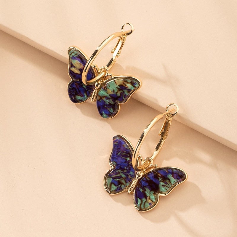 Gold Earrings with Multicolored Butterflies