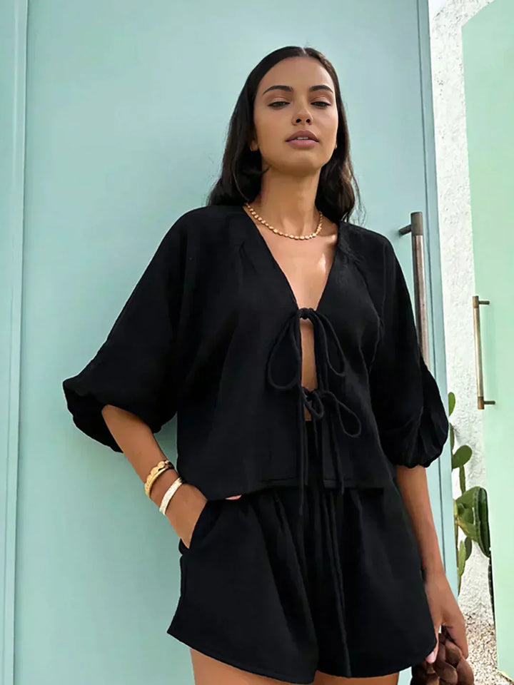 Set with Shorts and Long-Sleeve Blouse with Bow Detail