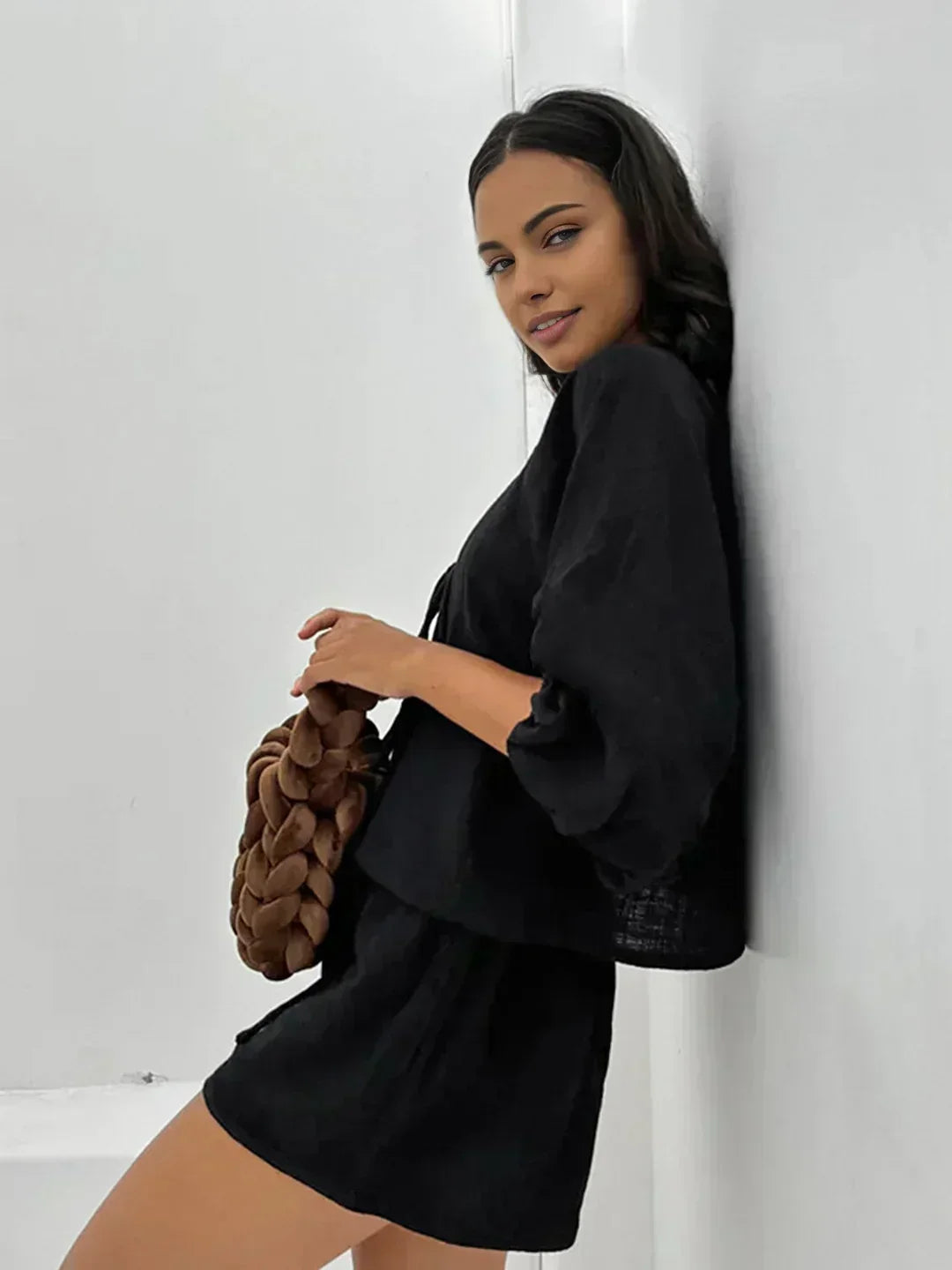 Set with Shorts and Long-Sleeve Blouse with Bow Detail