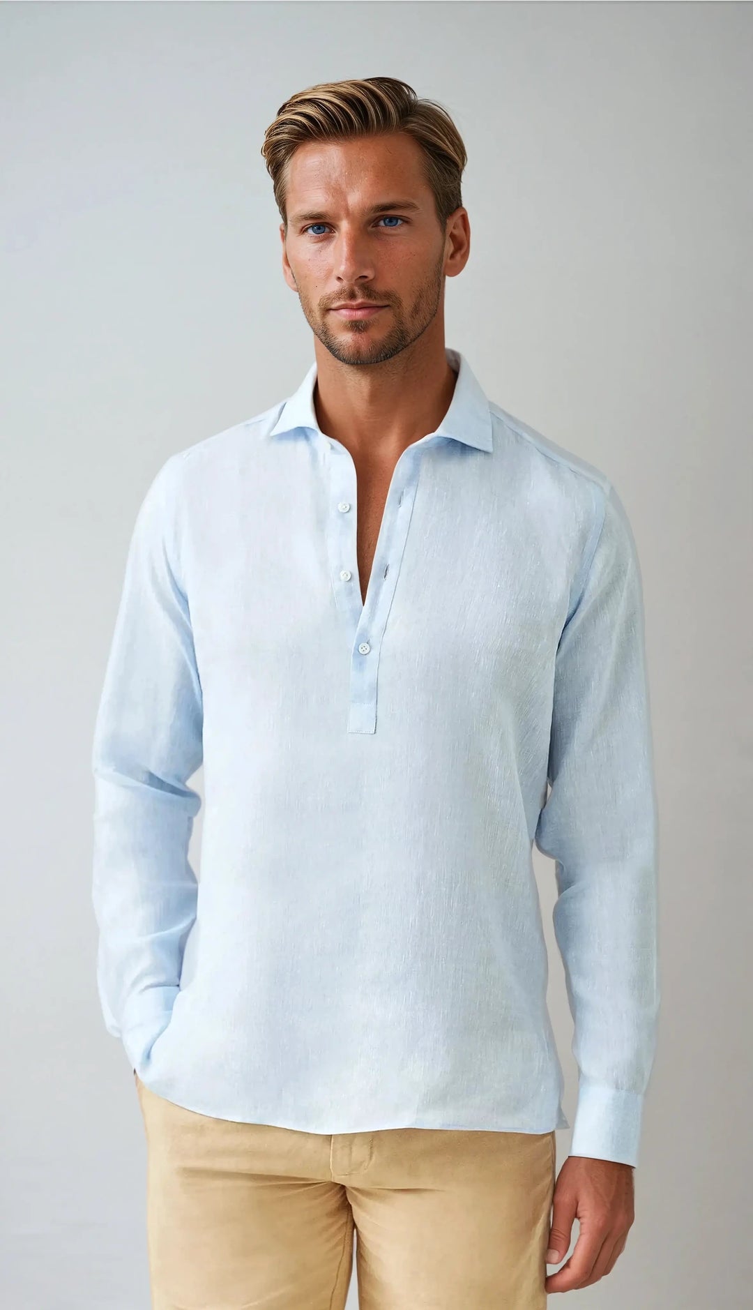 Pop-Over Linen Shirt - Light Blue