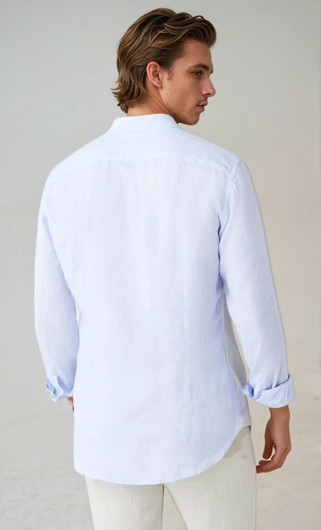 Linen shirt with stand collar, light blue