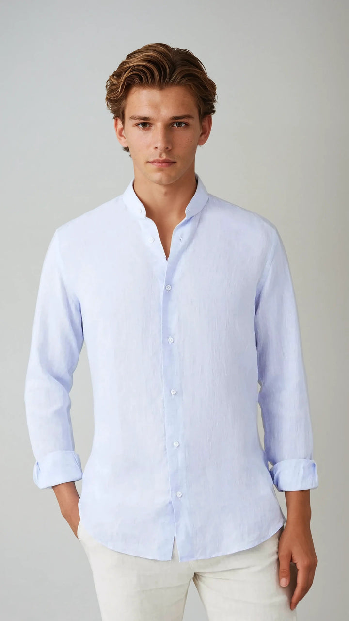 Linen shirt with stand collar, light blue