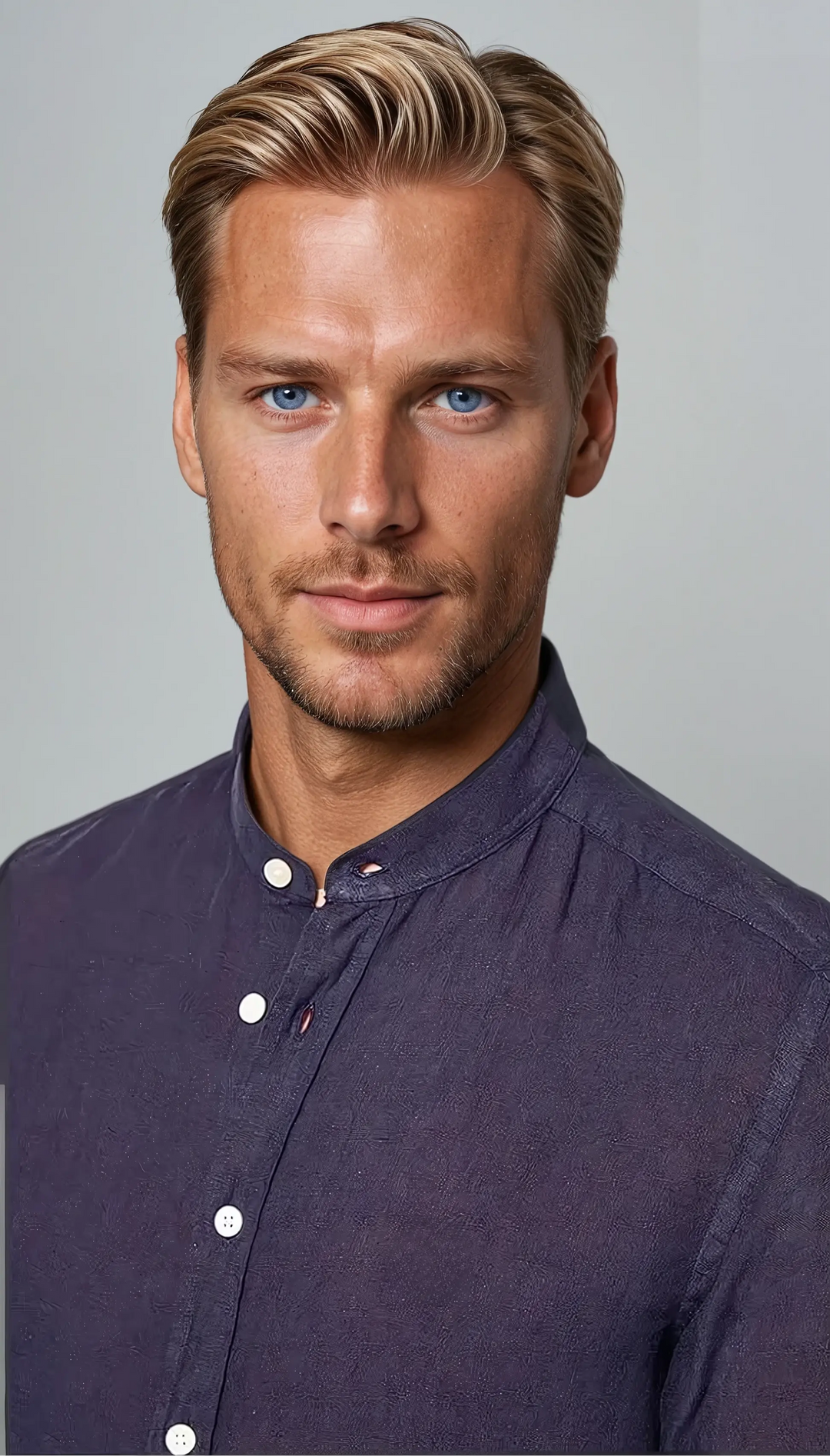Linen Shirt with Stand Collar, Navy Blue