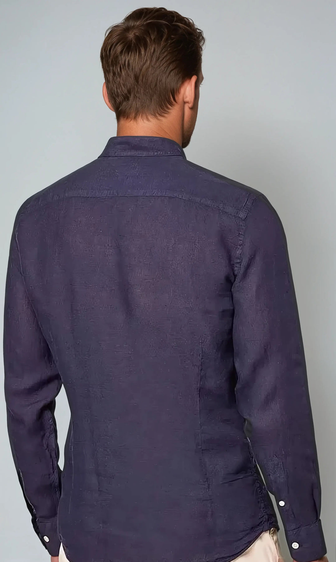 Linen Shirt with Stand Collar, Navy Blue