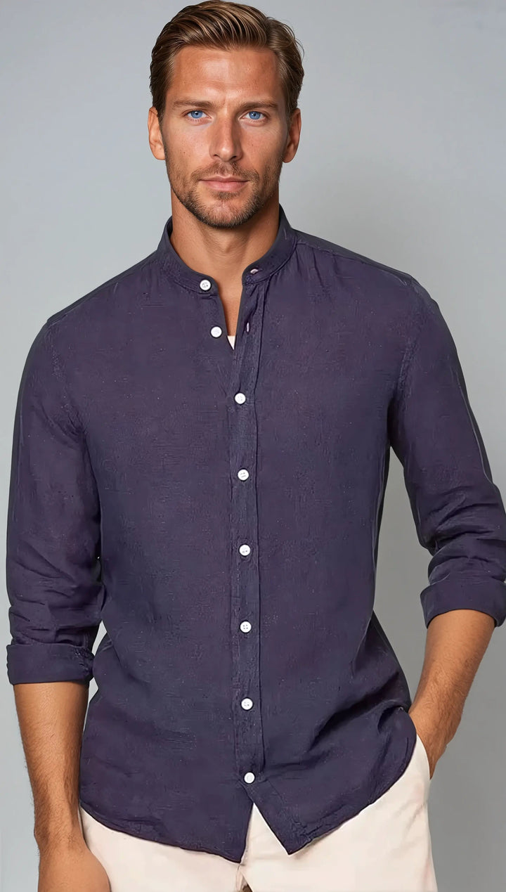 Linen Shirt with Stand Collar, Navy Blue