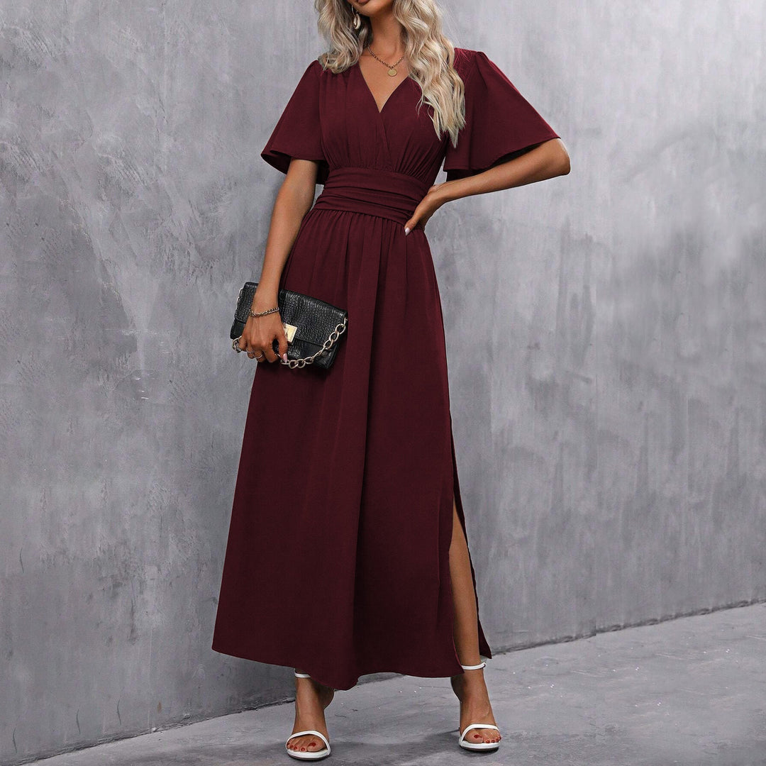 Eterna | Long Elegant Black Dress with V-neck, Transparent Sleeves and Slit