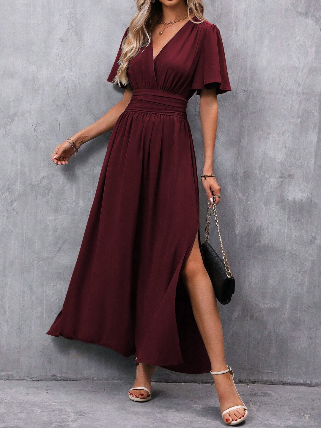 Eterna | Long Elegant Black Dress with V-neck, Transparent Sleeves and Slit