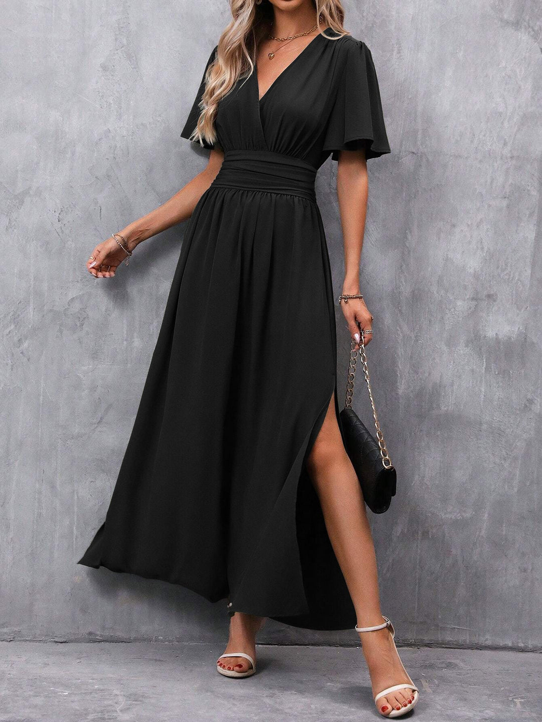 Eterna | Long Elegant Black Dress with V-neck, Transparent Sleeves and Slit