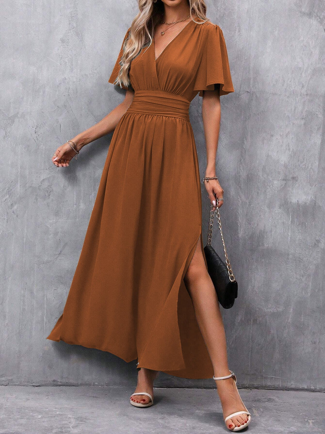 Eterna | Long Elegant Black Dress with V-neck, Transparent Sleeves and Slit