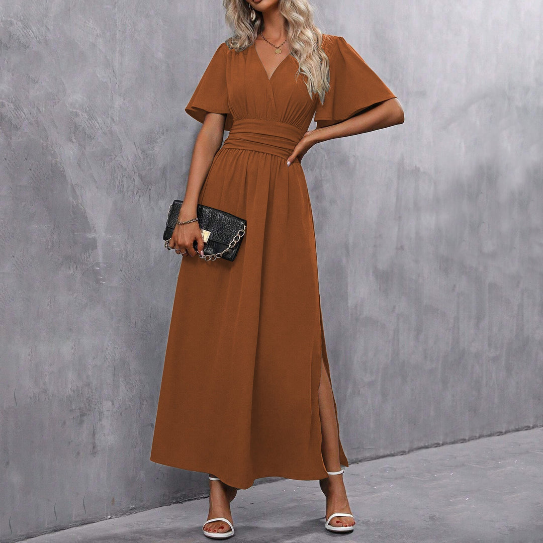 Eterna | Long Elegant Black Dress with V-neck, Transparent Sleeves and Slit
