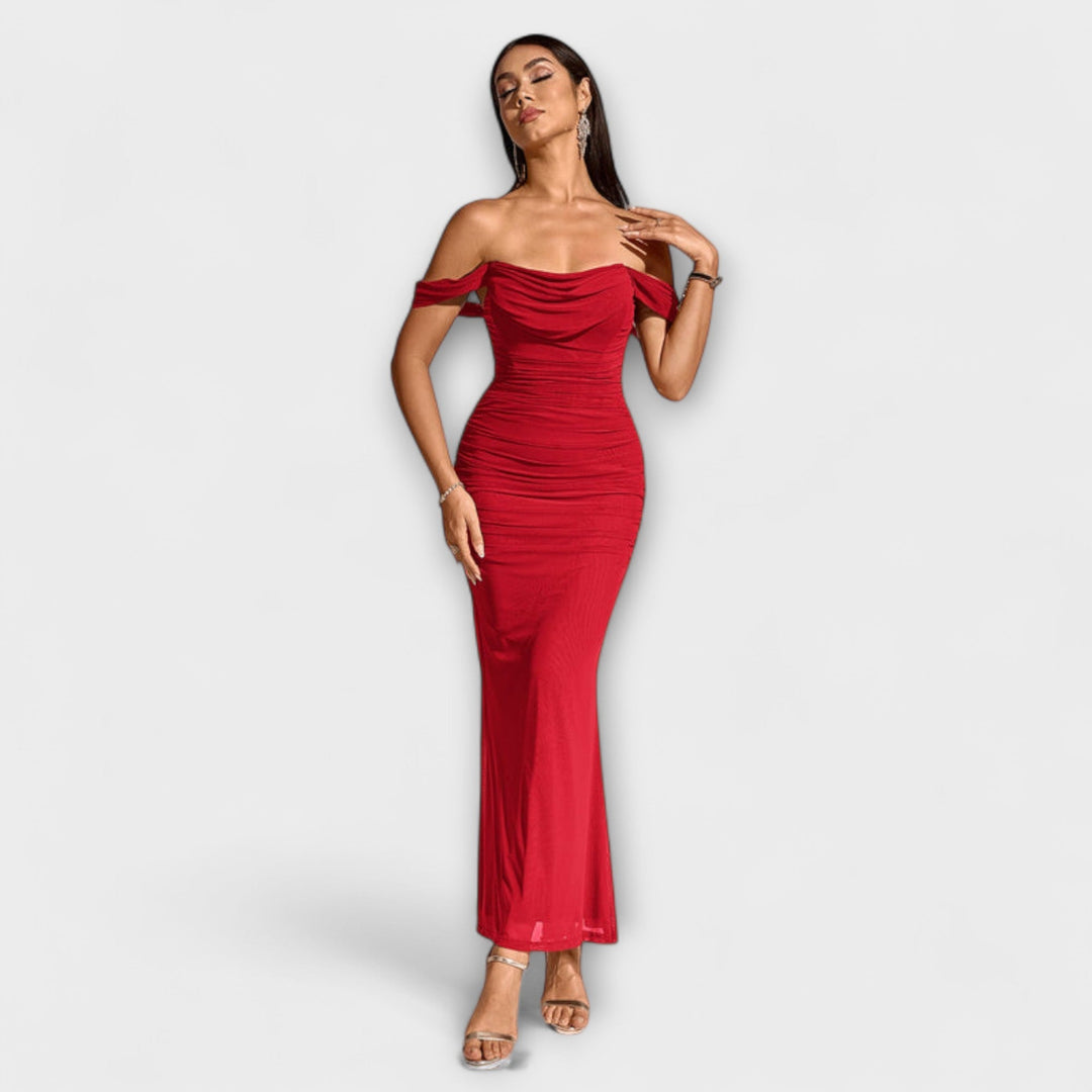 Bodycon Dress with Bare Shoulders and Ruffles