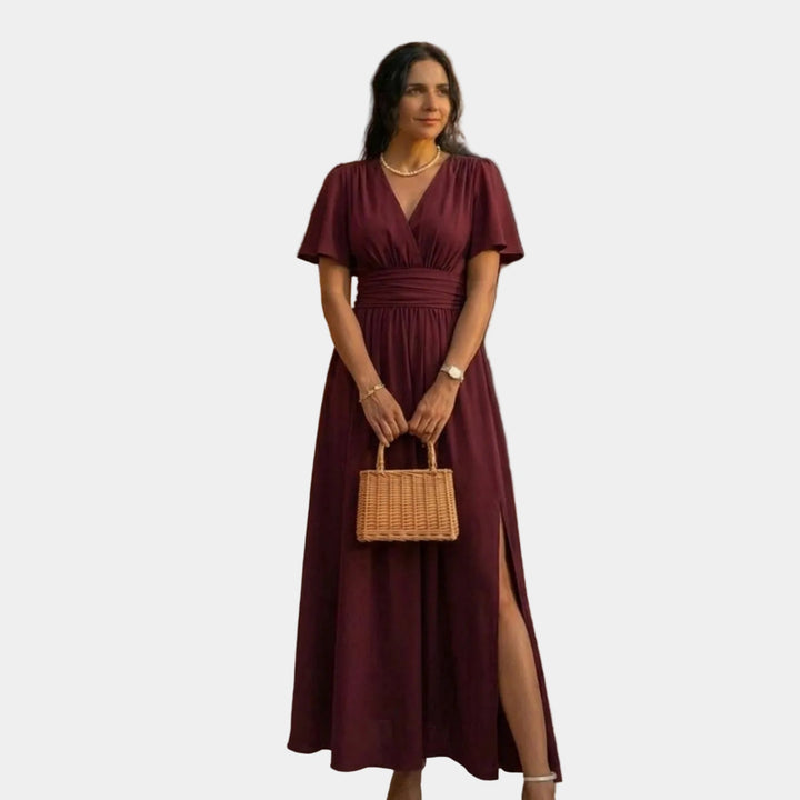 Eterna | Long Elegant Black Dress with V-neck, Transparent Sleeves and Slit