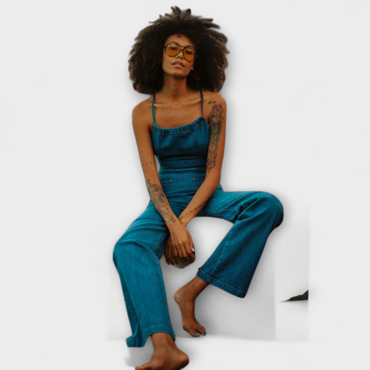 Julie – Denim Wide-Leg Jumpsuit with Tie Detail